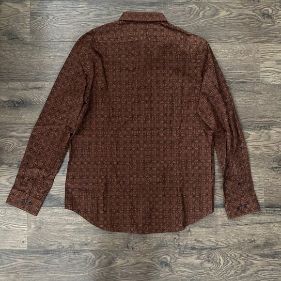 Vintage-Inspired Brown Print Button-Up Collared Retro 70s Long Sleeve Shirt Mens - Picture 3 of 3